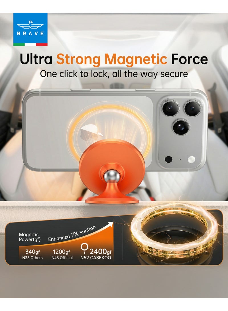 Brave MagSafe Magnetic Car Mobile Holder & Car Mount for Dashboard, Strong N52 Magnet 360° Rotatable Phone Holder, 3M VHB Adhesive Mini Stand for iPhone 17/16/15/14/13, Samsung S25/S24/S23/S22 Ultra – Orange - Image 3